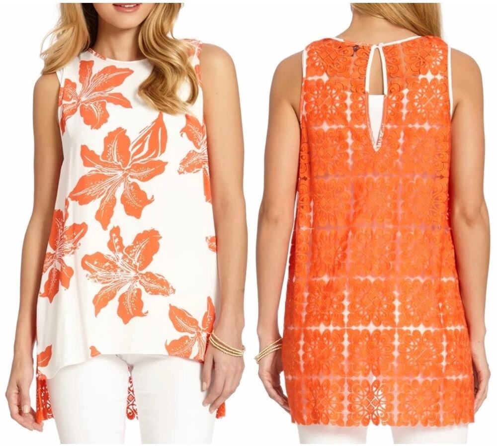 Karen Kane Women’s Orange floral tunic tank w semi sheer embroidered back, S